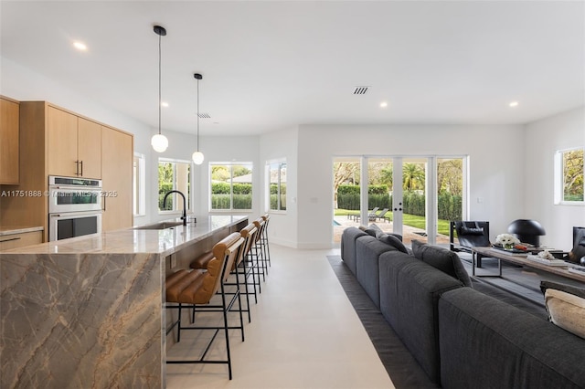 living area featuring baseboards, french doors, visible vents, and recessed lighting