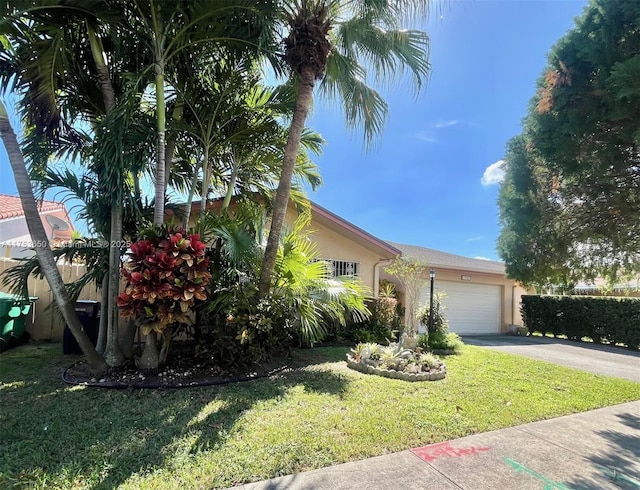 view of property hidden behind natural elements with an attached garage, driveway, a front yard, and stucco siding