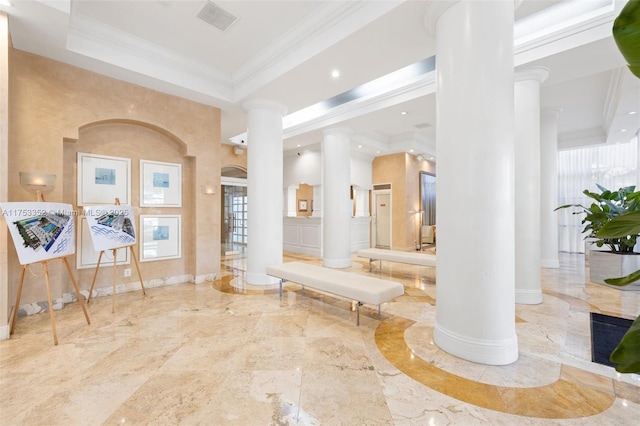 bathroom featuring ornamental molding, marble finish floor, and ornate columns