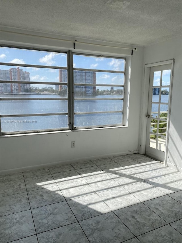 interior space with a water view