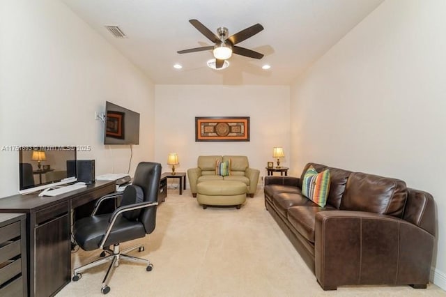 office area with recessed lighting, visible vents, a ceiling fan, and light colored carpet