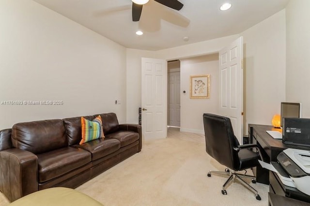 home office featuring ceiling fan, baseboards, carpet flooring, and recessed lighting