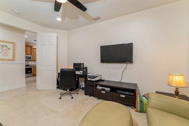 office with light carpet, visible vents, baseboards, ceiling fan, and recessed lighting