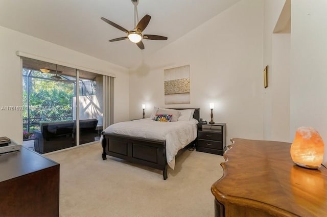 bedroom with lofted ceiling, ceiling fan, light carpet, and access to exterior