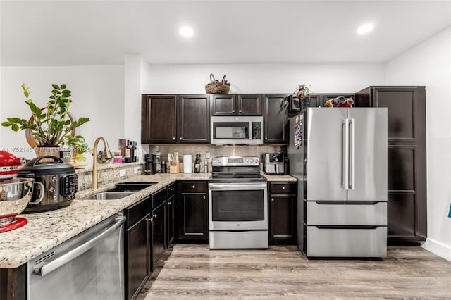 kitchen with stainless steel appliances, backsplash, a sink, and light wood-style flooring