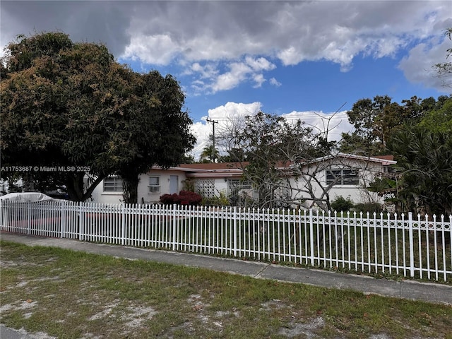 view of front of property with a fenced front yard and stucco siding