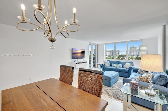 living room featuring a wall of windows and an inviting chandelier