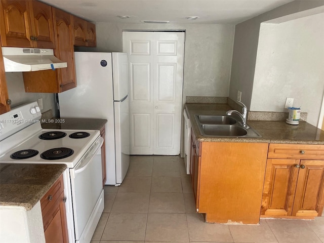 kitchen with light tile patterned floors, under cabinet range hood, a sink, brown cabinets, and white electric range oven