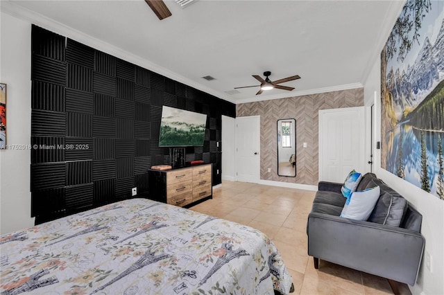 bedroom with ornamental molding, a ceiling fan, light tile patterned flooring, baseboards, and wallpapered walls