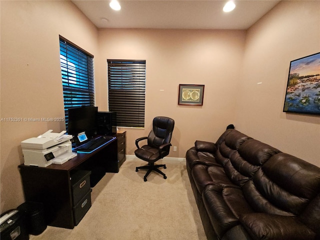 home office with recessed lighting, baseboards, and light carpet