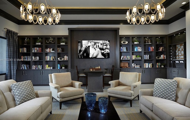 living room with an inviting chandelier and ornamental molding