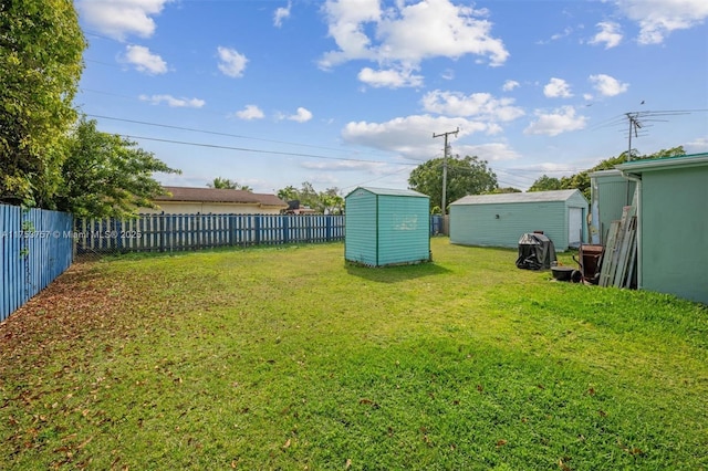 view of yard featuring a fenced backyard, an outdoor structure, and a shed