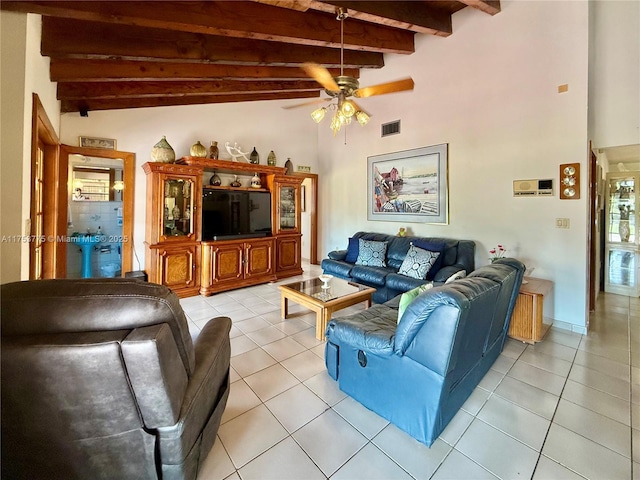 living area with ceiling fan, visible vents, beamed ceiling, and light tile patterned floors