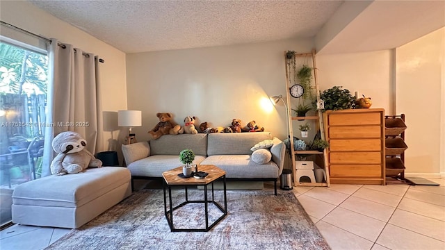 tiled living room with a textured ceiling