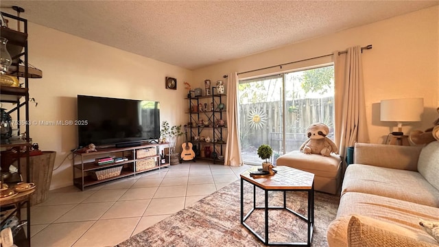 living room with light tile patterned floors and a textured ceiling