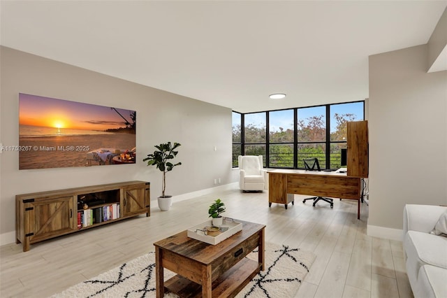 living area featuring light wood-style floors and baseboards