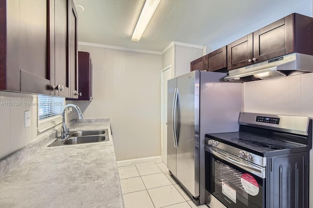 kitchen featuring dark brown cabinetry, electric range, light tile patterned floors, under cabinet range hood, and a sink