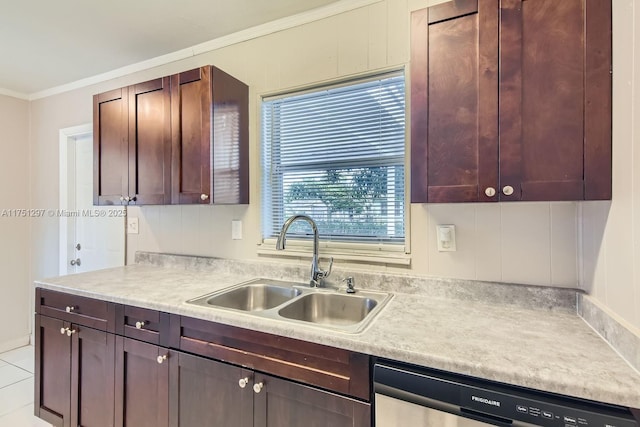 kitchen with dark brown cabinetry, a sink, light countertops, crown molding, and stainless steel dishwasher