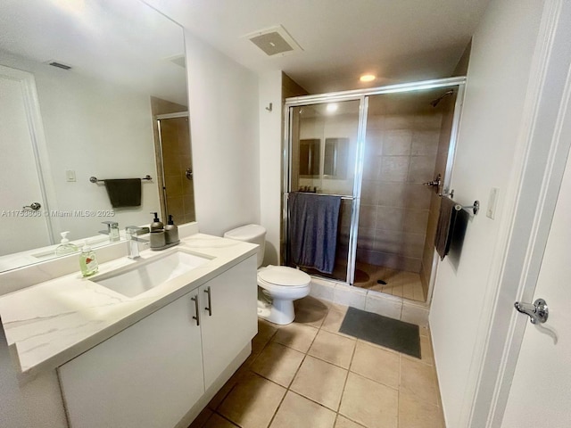 full bathroom featuring toilet, a stall shower, visible vents, and vanity