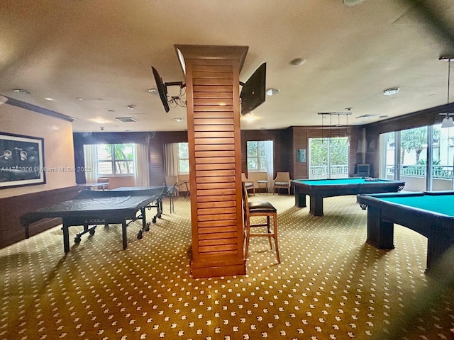 recreation room with carpet, visible vents, pool table, and a textured ceiling