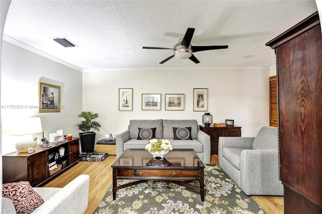 living area with ornamental molding, light wood-style flooring, a textured ceiling, and visible vents