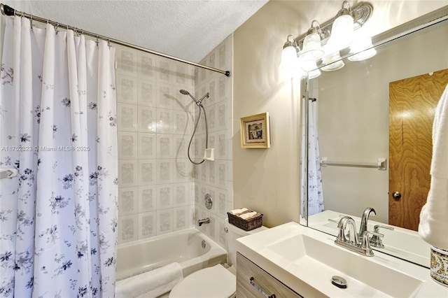 full bath featuring shower / bath combination with curtain, toilet, a textured ceiling, and vanity