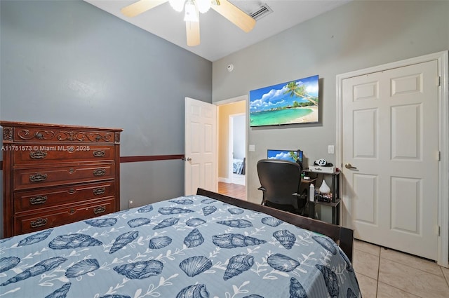 16358 S Mariposa Cir S, Pembroke Pines, FL 33331 - bedroom with light tile patterned floors, a ceiling fan, a towering ceiling, and visible vents