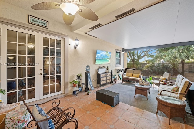 16358 S Mariposa Cir S, Pembroke Pines, FL 33331 - view of patio / terrace with an outdoor living space, french doors, fence, and a ceiling fan