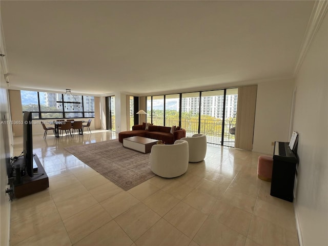 living room featuring a wall of windows, light tile patterned flooring, and ornamental molding