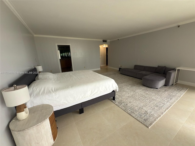 bedroom with baseboards, light tile patterned flooring, visible vents, and crown molding