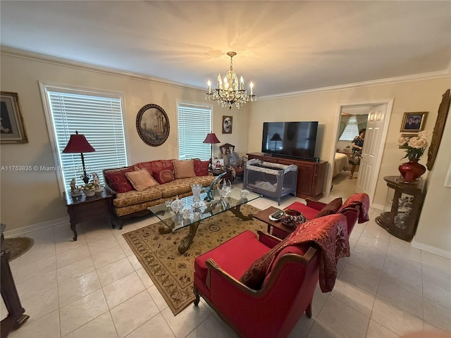 living room featuring ornamental molding, a chandelier, light tile patterned flooring, and baseboards