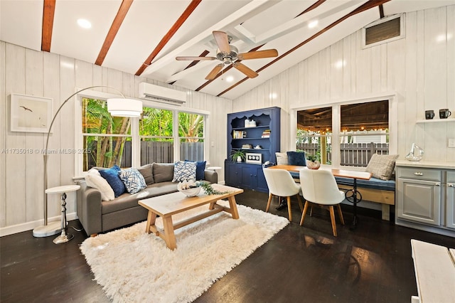 1109 NE 3rd St, Fort Lauderdale, FL 33301 - living area with a wall mounted AC, dark wood-style flooring, high vaulted ceiling, beam ceiling, and a ceiling fan