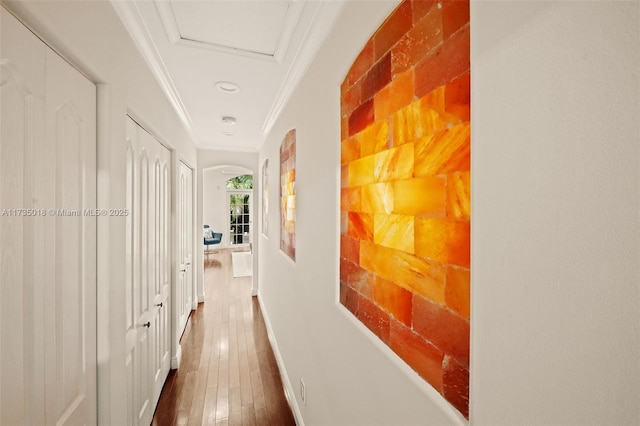 1109 NE 3rd St, Fort Lauderdale, FL 33301 - hall with ornamental molding, dark wood-type flooring, and attic access