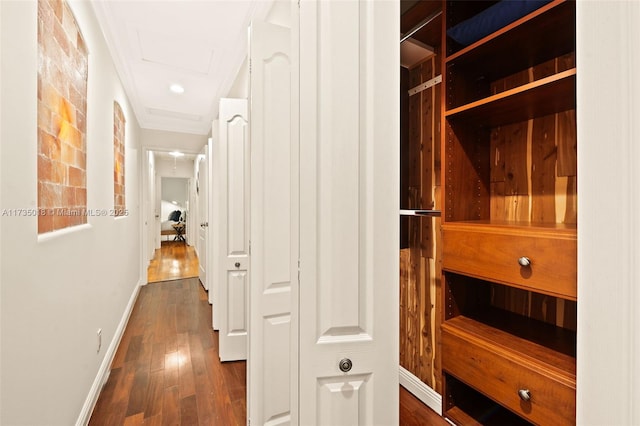 1109 NE 3rd St, Fort Lauderdale, FL 33301 - hall featuring baseboards, dark wood-style flooring, and attic access