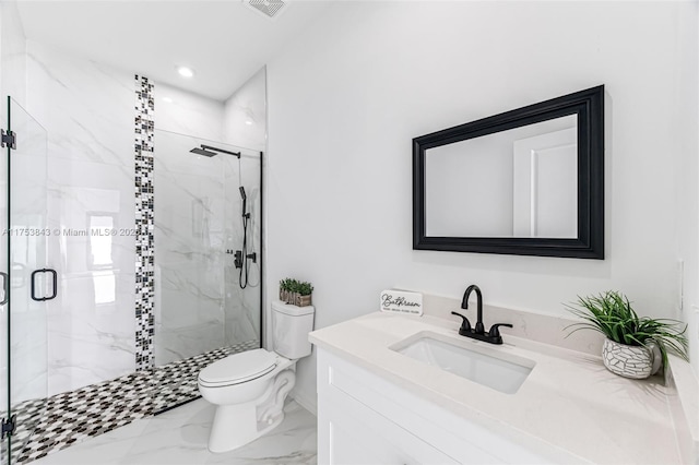 full bathroom featuring visible vents, marble finish floor, a marble finish shower, and toilet