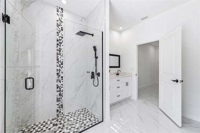 bathroom with marble finish floor, visible vents, vanity, and a marble finish shower