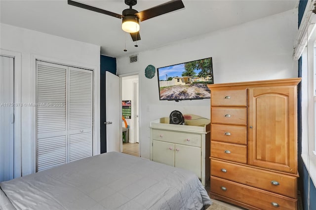 bedroom with a ceiling fan and visible vents