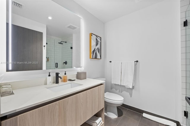 bathroom featuring visible vents, a shower stall, toilet, and tile patterned floors