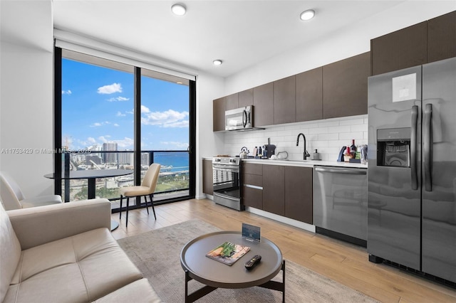 kitchen featuring light wood finished floors, tasteful backsplash, stainless steel appliances, floor to ceiling windows, and a sink