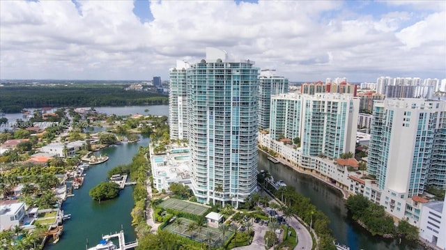 aerial view featuring a water view and a city view