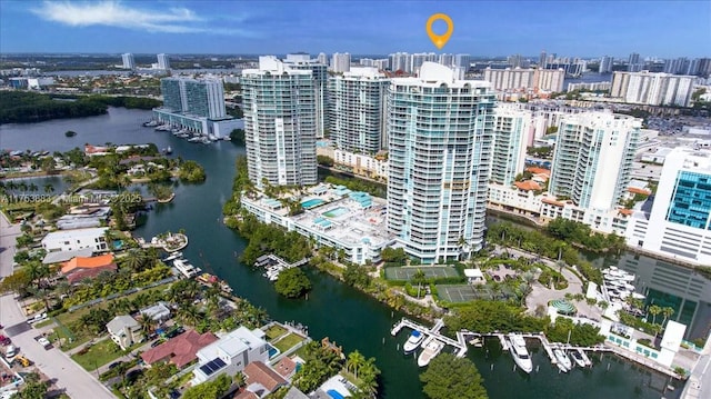 bird's eye view with a city view and a water view