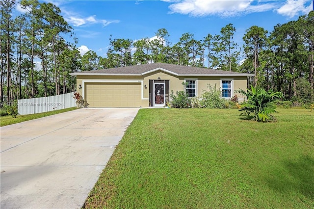 ranch-style house with stucco siding, an attached garage, a front yard, fence, and driveway