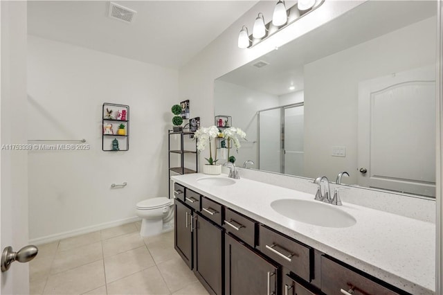 bathroom featuring visible vents, a sink, a shower stall, and tile patterned floors