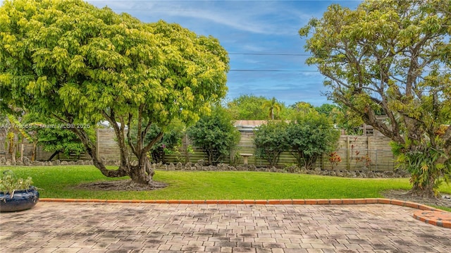 view of property's community with fence, a patio, and a yard