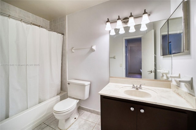 bathroom featuring shower / tub combo with curtain, vanity, toilet, and tile patterned floors