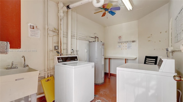 laundry area featuring washing machine and clothes dryer, a ceiling fan, electric water heater, a sink, and laundry area