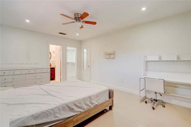 bedroom with visible vents, baseboards, a ceiling fan, connected bathroom, and recessed lighting