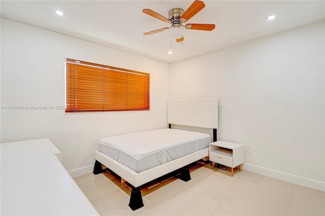 bedroom featuring light tile patterned flooring, ceiling fan, baseboards, and recessed lighting