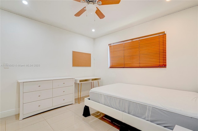 bedroom with light tile patterned flooring, ceiling fan, baseboards, and recessed lighting