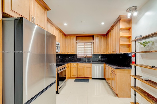 kitchen with recessed lighting, stainless steel appliances, a sink, decorative backsplash, and open shelves